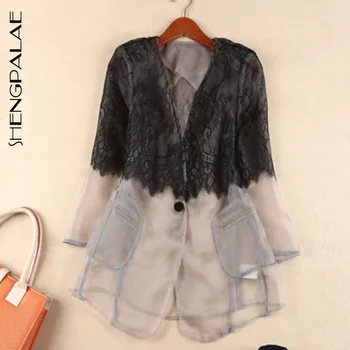 

SHENGPALAE New 2020 Winter Office Lady Style V-neck Single Button Patchwork Hollow Out Lace Female Slim Coat Tide FS335