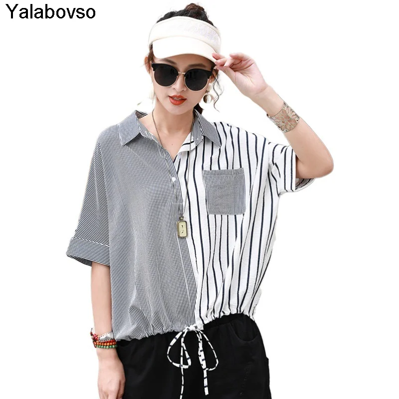 

Women's Striped Batwing Sleeve Shirt Female 2020 Summer Front Short Back Long Loose Large Size Blouse And Tops New Arrivals