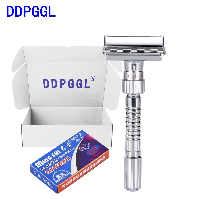 

DDPGGL Men Double Shaver Razor Blade Adjustable Double Edge Razor Safety Razor Zinc Alloy Chrome Razors With 5 Replacement Blade