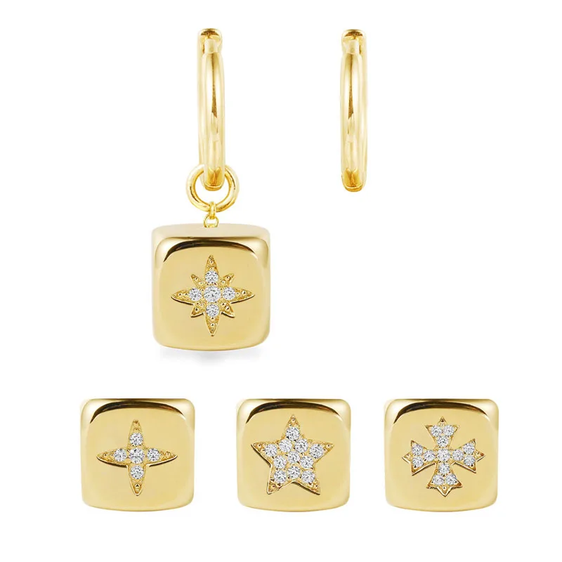

High Quality Yellow Gold Color 925 Sterling Silver Asymmetric White Zircon Stars Cross Pattern Mono Dice Drop Earrings for Women