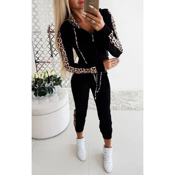 

New spring and autumn 2020, leopard-print long-sleeve pockets and fleece-printed zipper hoodie trousers, autumn and winter women