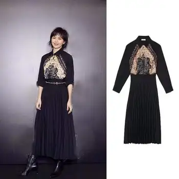

19 Temperament Gorgeous Printing Embroidery Lace Waist Pleated Dress 93243