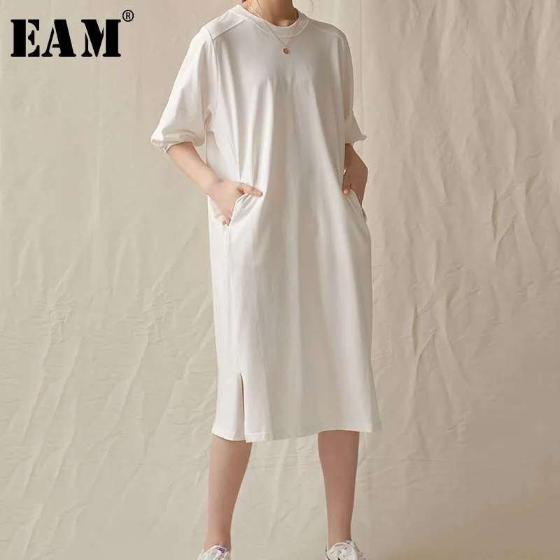 [EAM] Women White Brief Big Size Long T-shirt Dress New Round Neck Half Sleeve Loose Fit Fashion Tide Spring Summer 2020 1U875