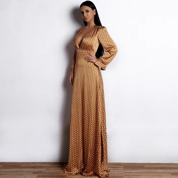 

CY2020 sexy deep v evening socialite dress small dot split ball dress elegant and long sleeve party dress Bohemian style