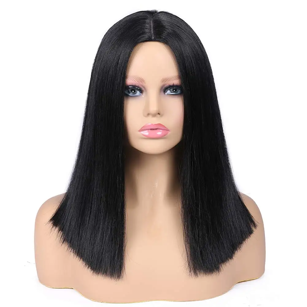 Short Straight Bob Wigs Black Short Wig Middle Part Synthetic Wigs Shoulder Length Daily Cosplay Party Wigs for Women 14-30Inch fashion casual straight leg jumpsuit women s solid color middle waist lapel short sleeved single breasted jumpsuit pants