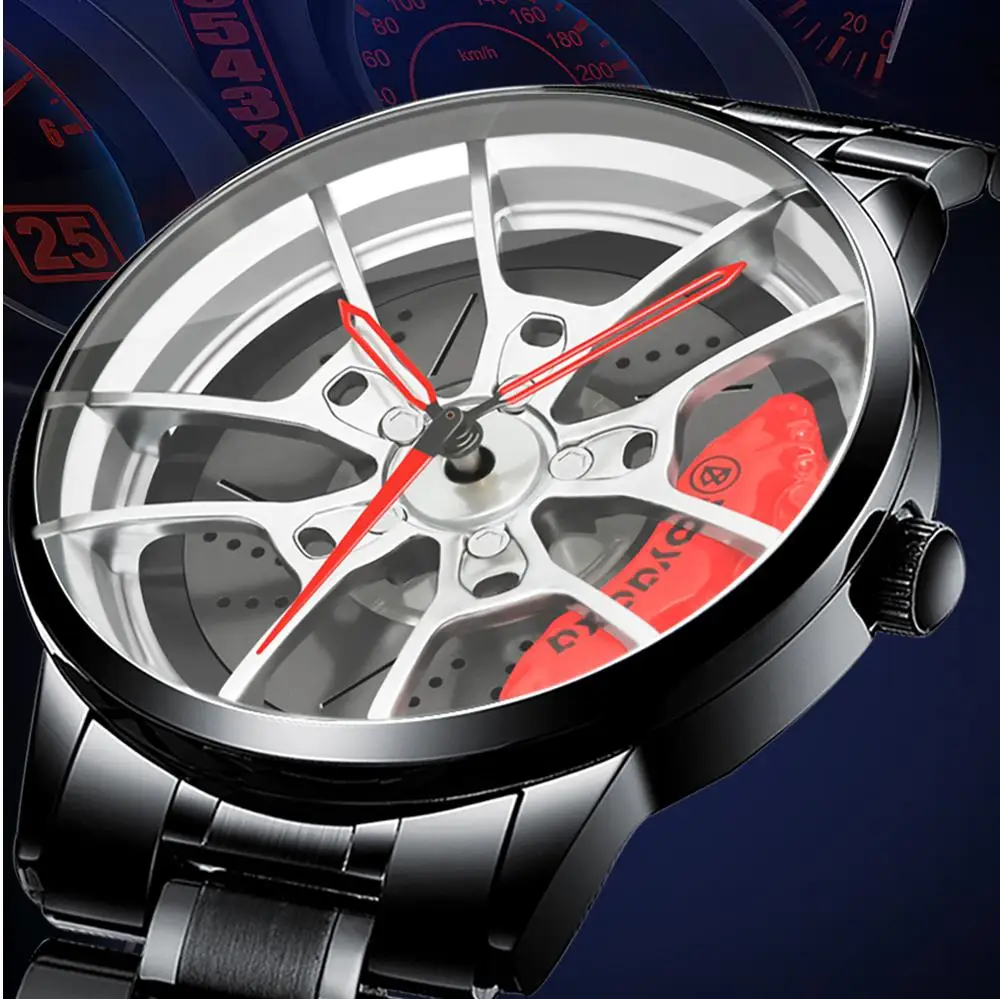 2021 Men Sports Watch Car Wheel Wrist Watch Fashion 3D Auto Racing Watch Designed Wristwatch Stainless Steel Strap Waterproof