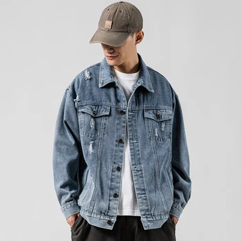 

Trendy Male Jackets Holes Printing Denim Jacket Large Sizes Black Blue M-5XL Men's Denim Jacket Coat
