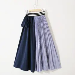 Корейский стиль, Женская длинная полосатая синяя плиссированная повседневная юбка с эластичной резинкой на талии, юбки в стиле пэтчворк