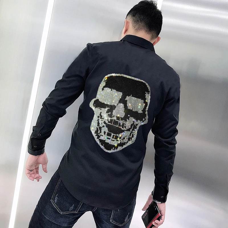 

Street Personality Men's T-Shirt Button Design Long-Sleeved Spring New Rhinestone Exquisite Hot Diamond Business