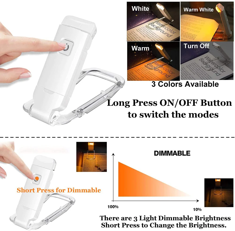 LED Clip USB Rechargeable Book Reading Light Brightness Adjustable Eye Care Portable Bookmark Read