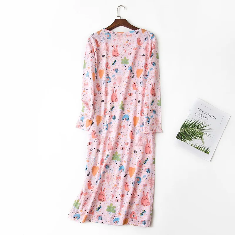 Spring Autumn Female Casual Cartoon Nightgown Ladies Cotton Long Sleepshirt Women Long Sleeve Plus Size Lounge Sleep Dress