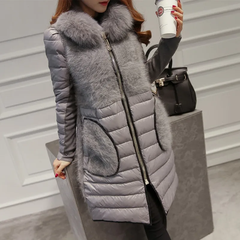 light grey Женский пуховик с воротником из лисьего меха, норковая Вельветовая куртка с отстрочкой на белом утином пуху, Женская парка, куртка с цветочным рисунком, пальто, Manteau Femme C2597 - Цвет: light grey