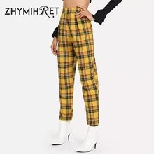 ZHYMIHRET повседневные желтые клетчатые прямые брюки с высокой талией для женщин осенние Капри Pantalon Femme брюки с боковой молнией уличная одежда