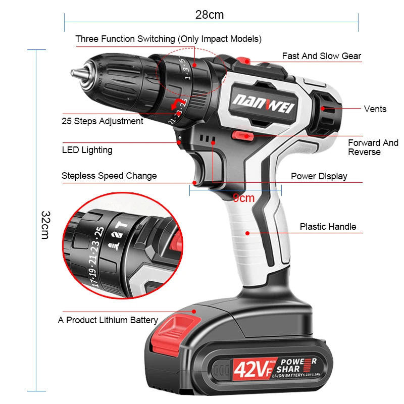 42VF 7500mAh Electric Screwdriver Cordless Impact Drill Lithium-ion Battery Rechargeable Power Mini Cordless Electric Drills