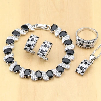 

925 Silver Jewelry Black And White CZ Jewelry Sets For Women Earrings/Pendant/Necklace/Rings/Bracelet