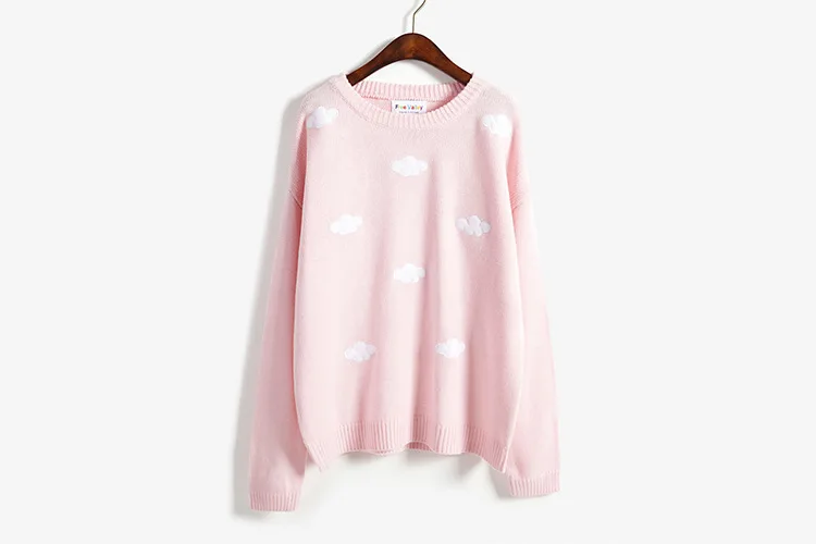 Весенний свободный розовый милый свитер с облаками, Женский пуловер, повседневный вязаный свитер с круглым вырезом и длинными рукавами, Корейская женская зимняя одежда
