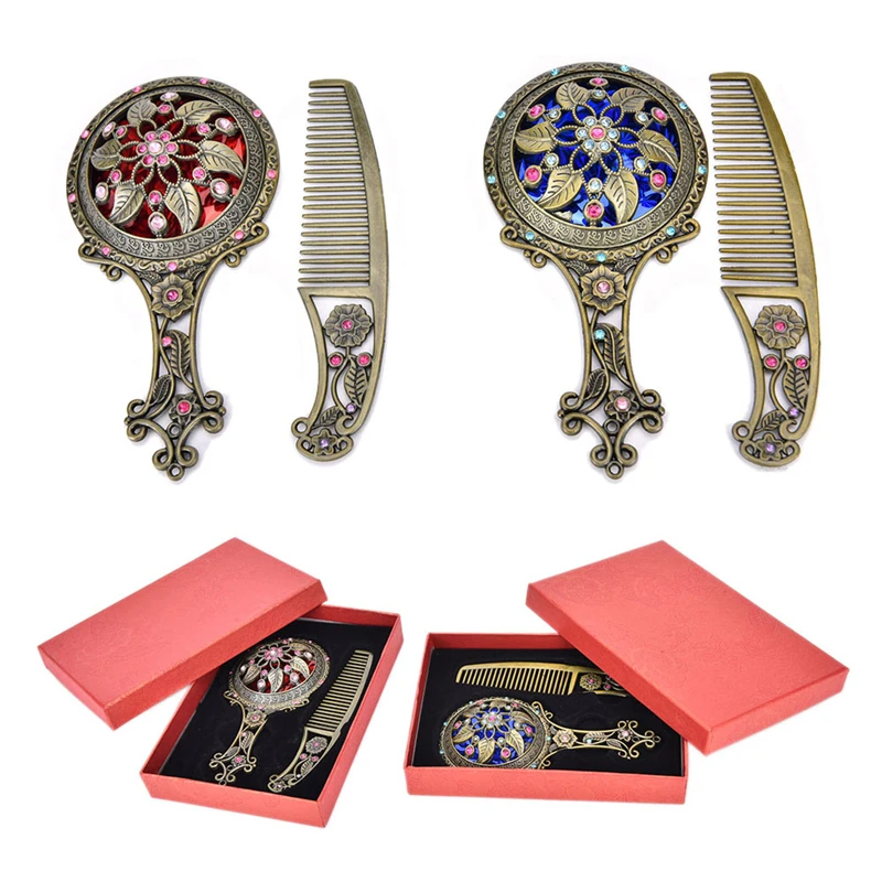 2PCS/Set 2020 Retro Bronze Handheld Mirrors Hollow Cosmetic Compact