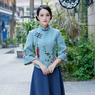 Sheng Coco Woolen Chinese Blouse Coat LadiesTraditional Chinese Shirts Embroidery Blouses Woolen Suit Classic Blue Suit - Цвет: Light blue blouse