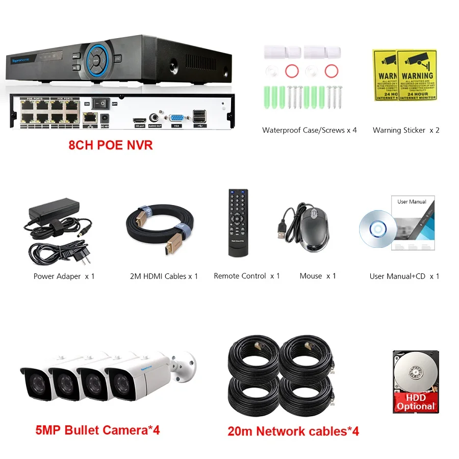 4 Camera with Cables TOPROHOMIE H.265+ 8CH POE NVR система 48 В 5MP ночного видения аудио запись Водонепроницаемая ip-камера комплект 8CH камера видеонаблюдения - Цвет: 4 Camera with Cables