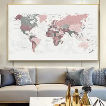 Modern World Map Canvas Painting Blush Pink & Hunter Green Map of The World Posters and Prints Wall Art Picture for Living Room