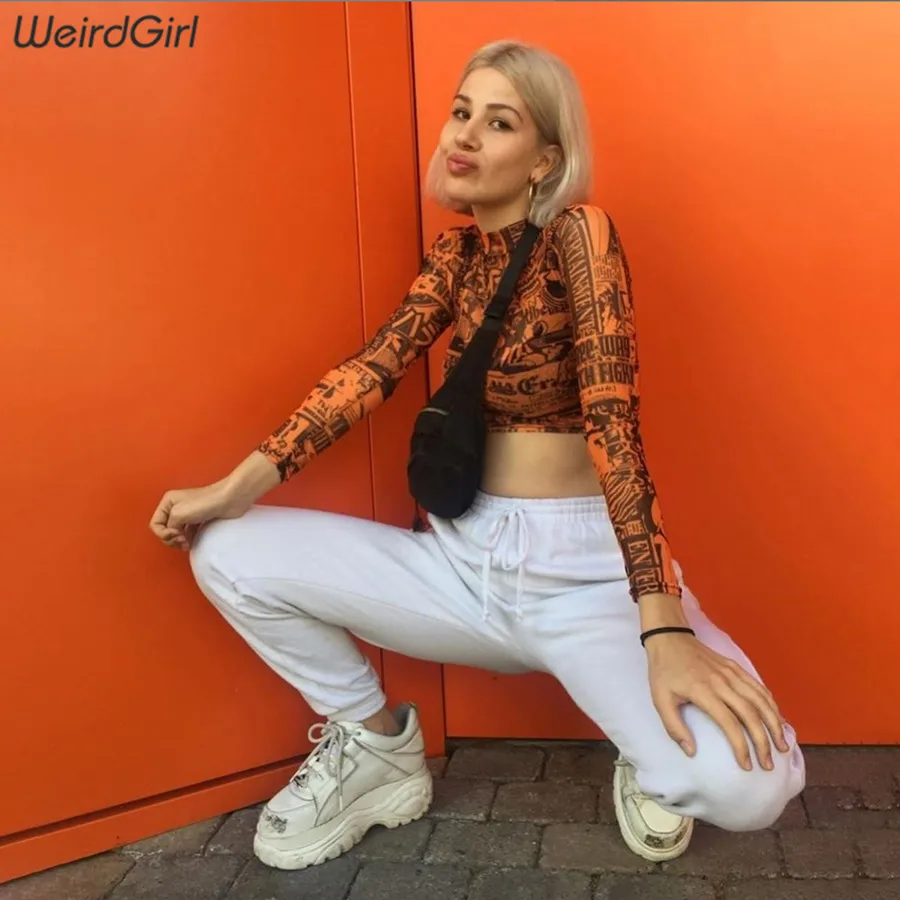Weirdgirl Женская Сетчатая футболка с принтом, сексуальная мода, прозрачный хип-хоп Топ, осень, базовые женские топы, полный рукав, круглый вырез, короткий топ