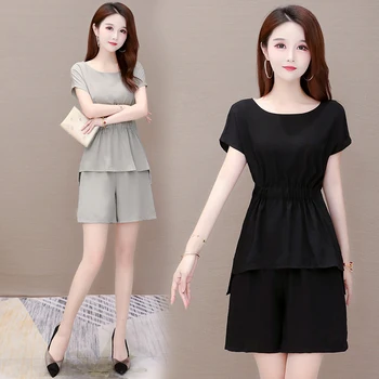 

sets for women summer 2020 New Fashion Casual Two-piece Set Female short sleeve top Wide leg shorts suit Large size loose girl