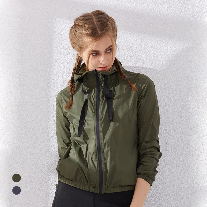 

Running Outdoor Sports Jacket with Hood Women Fitness Workout Exercise Jackets Casual Zipper Womens Coat High Neck