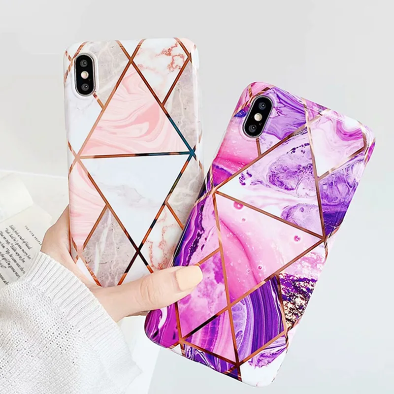 Роскошный Мраморный чехол для iPhone X XR XS Max глянцевый геометрический 7 8 6 6S Plus Мягкий