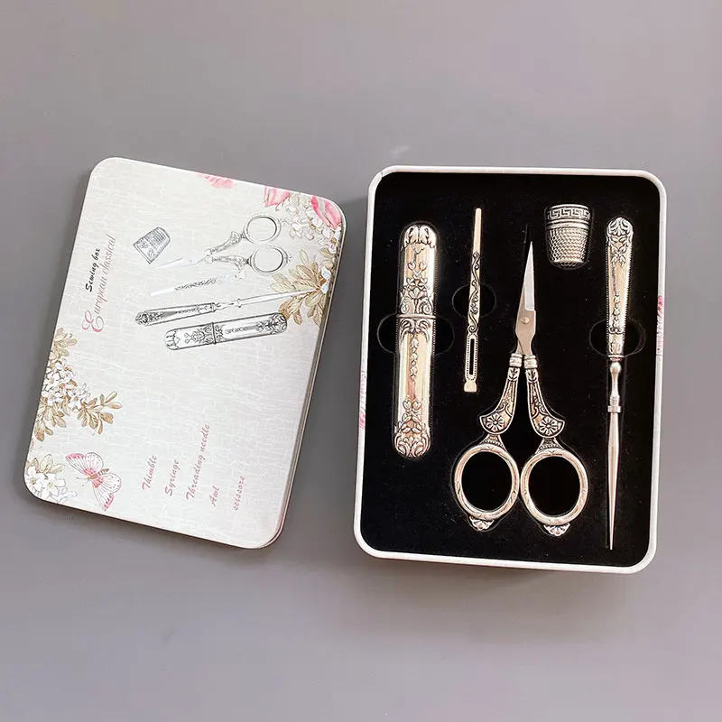 5Pcs-Set-Vintage-Silver-Embroidery-Sewing-Scissors-Gift-Thimble-Needle-Case-Awl-Tailor-s-Scissors-with