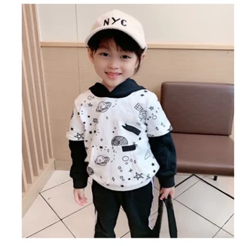 

Spring Fall New Arrival Children Clothing Girls Hooded Sets Boys Fake two Sweashirts+Pants Kids Tracksuits