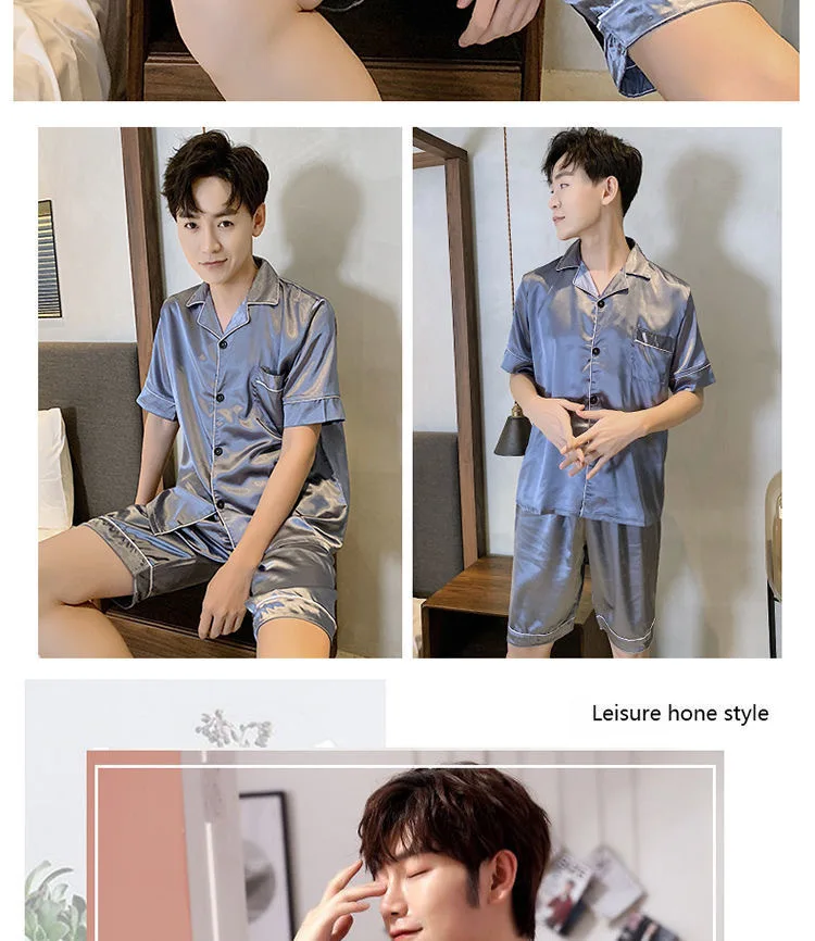 Satin Sleep Set Men's Pajamas Suit 2PCS Pyjamas Casual Sleepwear Summer New Short Sleeve Male Nightwear Home Clothing mens cotton pajama pants