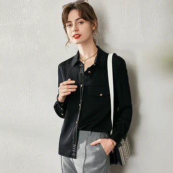 

100% Silk Blouse Women Shirt Casual Style Solid Turn-down Neck Pockets Bending Long Sleeves Youth Style Office Top New Fashion