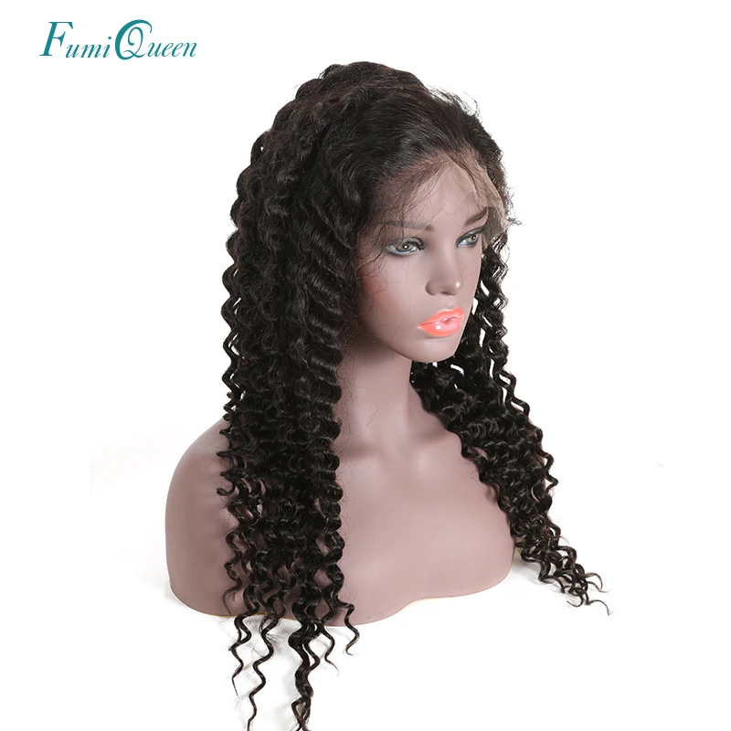 Глубокая волна полный парик шнурка 130% плотность свободная часть с предварительно выщипанные волосы человеческих волос парики FumiQueen