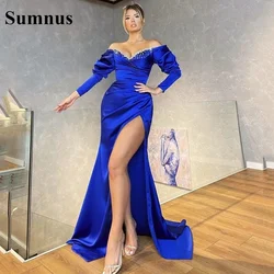 Sumnus Royal Blue Off Shoulder Side Split Mermaid Evening Dresses with Crystal Beaded Long Sleeves Satin Formal Prom Gowns