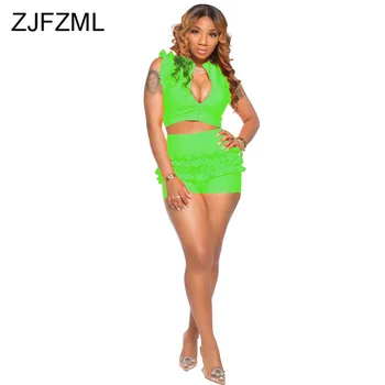

5 Colors S-XXL Neon Green Ruffles Two Piece Outfits Peplum Sleeveless Zipper Up Slim Fit Tops+Biker Shorts Plus Size Tracksuits