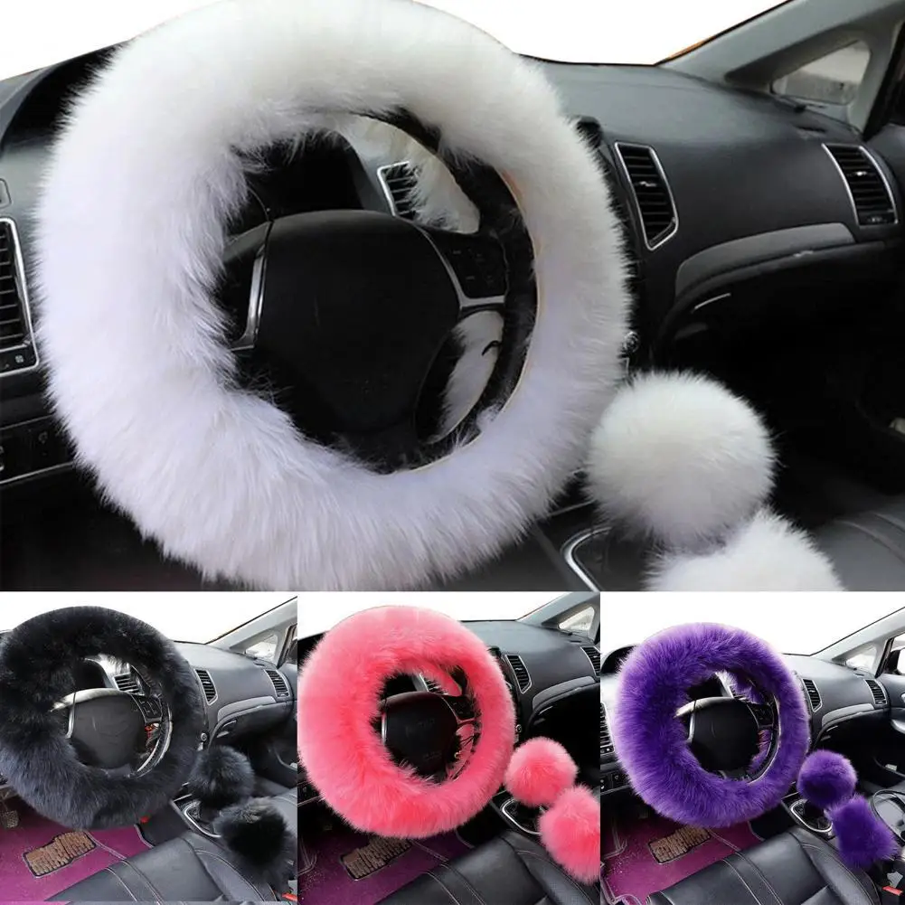 3pcs Set Womens Winter Fashion Wool Fur Soft Furry Steering Wheel Covers  Black Fluffy Handbrake Cover Gear Shift Cover