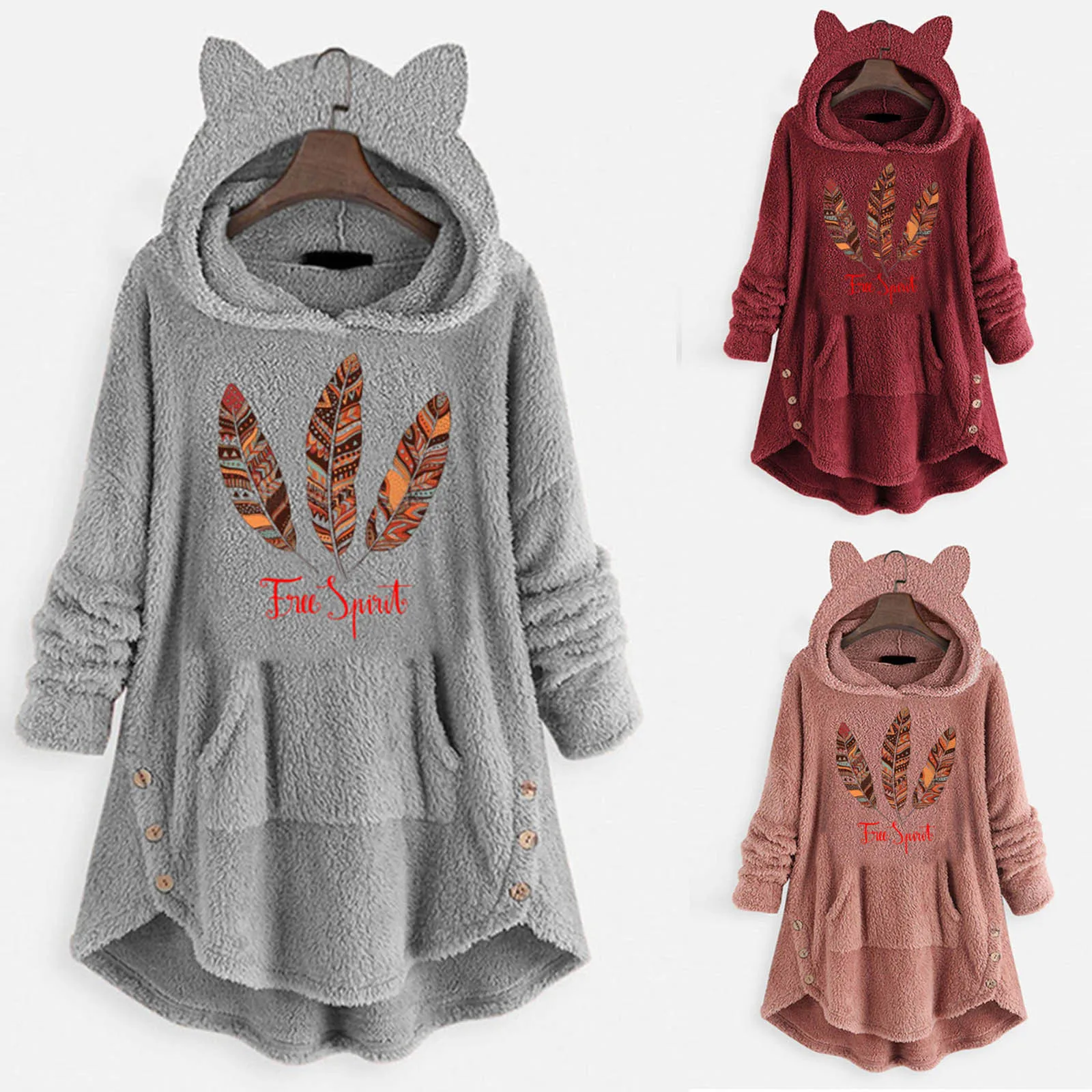 New Fashion Hoodies Women Sweatshirts Winter Warm Patchwork Tree Spilit Printed Jackets Irregular Plush Hooded Coat Pullover Top 1