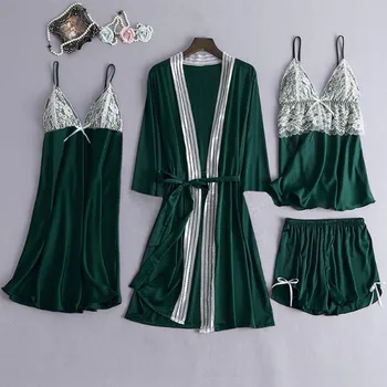 

Women Sexy Pajamas 4 Piece Set Silk Satin Robe Lace Sling Sleepwear Homewear Suit With Chest Pads