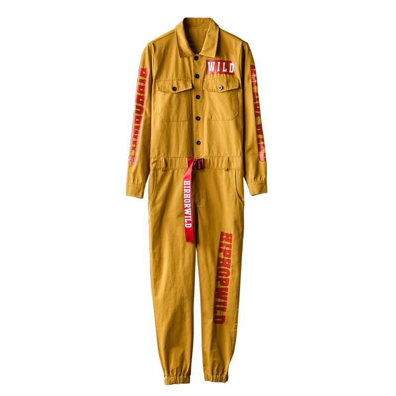 

New Letter Print Romper Cargo Pants Mens Multi Pockets Vintage Casual Jumpsuit Men Hip Hop Streetwear Belt Overalls Trousers