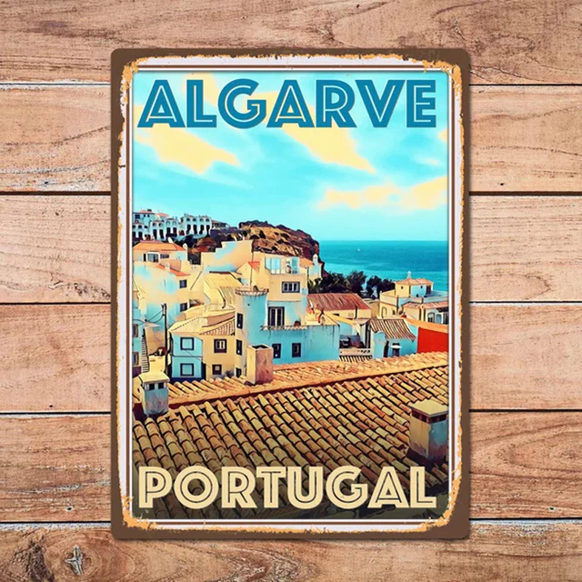 Fémlemez Algarve Portugália Táj Poszter Ón Jel Otthoni Nappali Tengerparti Fal Dekoráció Retro 12*8 Hüvelyk