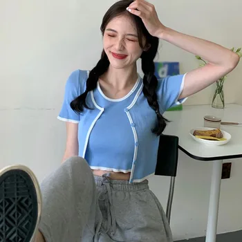 

Retro t-Shirt o-Neck Knitted Ladies Top Short Sleeve Fake Two Pieces Casual Saco Vetements Femmes