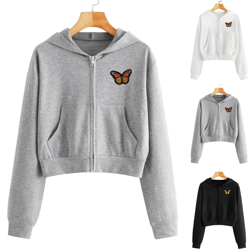 

Women Embroidery Butterfly Crop Sweatshirt Long Sleeve Zipper With Pocket Lady Harajuku Hooded Streetwear Female Pullover Tops