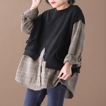 

[EWQ] 2020 Spring Autumn New Pattern Round Collar Long Sleeve Hit Colors Fake Two Piece Pullovers Vintage Sweatshirt Women AK367
