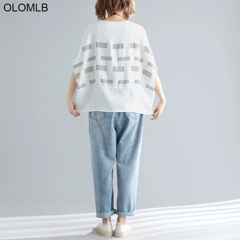 Женская футболка размера плюс 4XL 5XL 6XL из хлопка и льна летняя Клетчатая футболка большого размера с принтом летучая мышь Повседневная Свободная Женская футболка