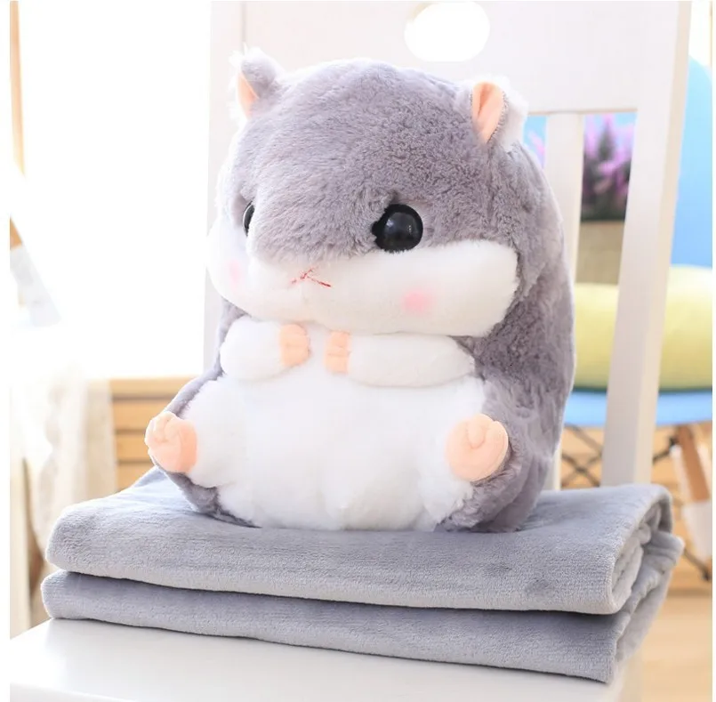 Hamster Plush Doll With Pillow Carpet Dual-use Soft Stuffed Kid Cushion Blanket Air Conditioning Cushion Coral Fleece Blanket 1pc dropshipping 28 48cm super cute hamster plush toys stuffed animal hamster toys dolls soft down cotton hamster cushion pillow