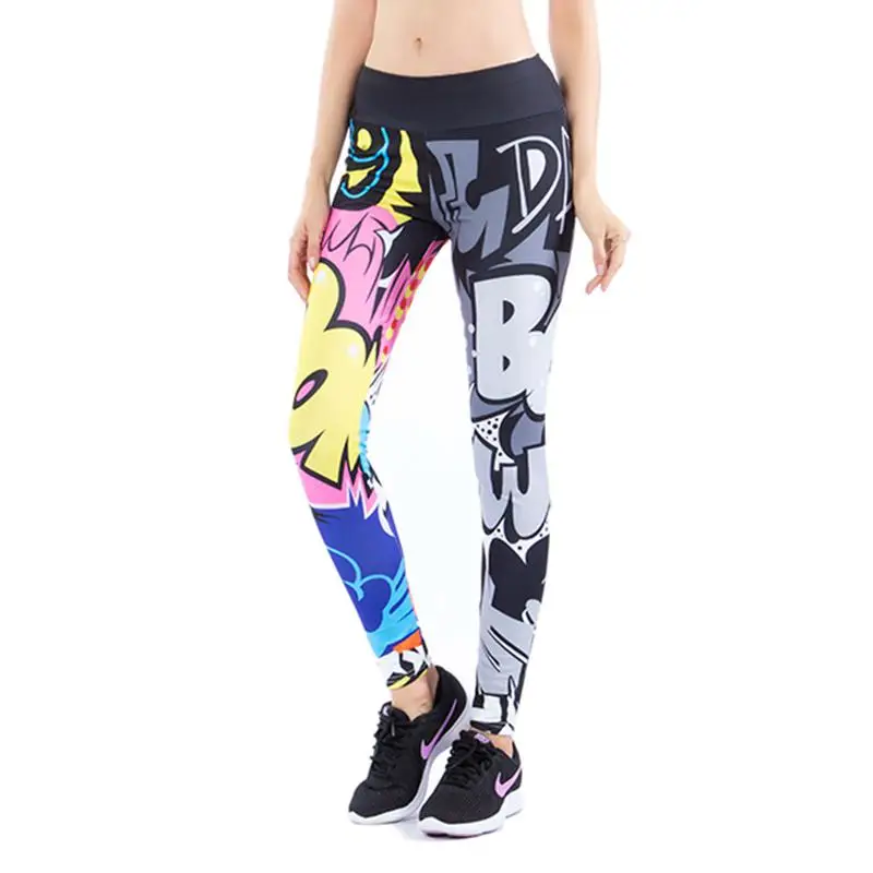 

2019 New Comic Words Printing High Waist Leggings Put Hip Elastic Legging Breathable Slim Pants