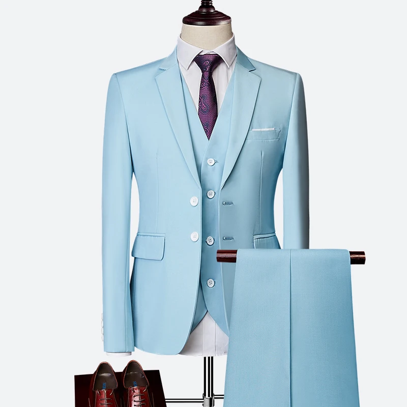 Мужские костюмы из трех предметов для свадьбы, повседневные деловые вечерние костюмы на рабочих местах с двумя кнопками, цельные костюмы, мужской смокинг disfraz hombre - Цвет: Небесно-голубой