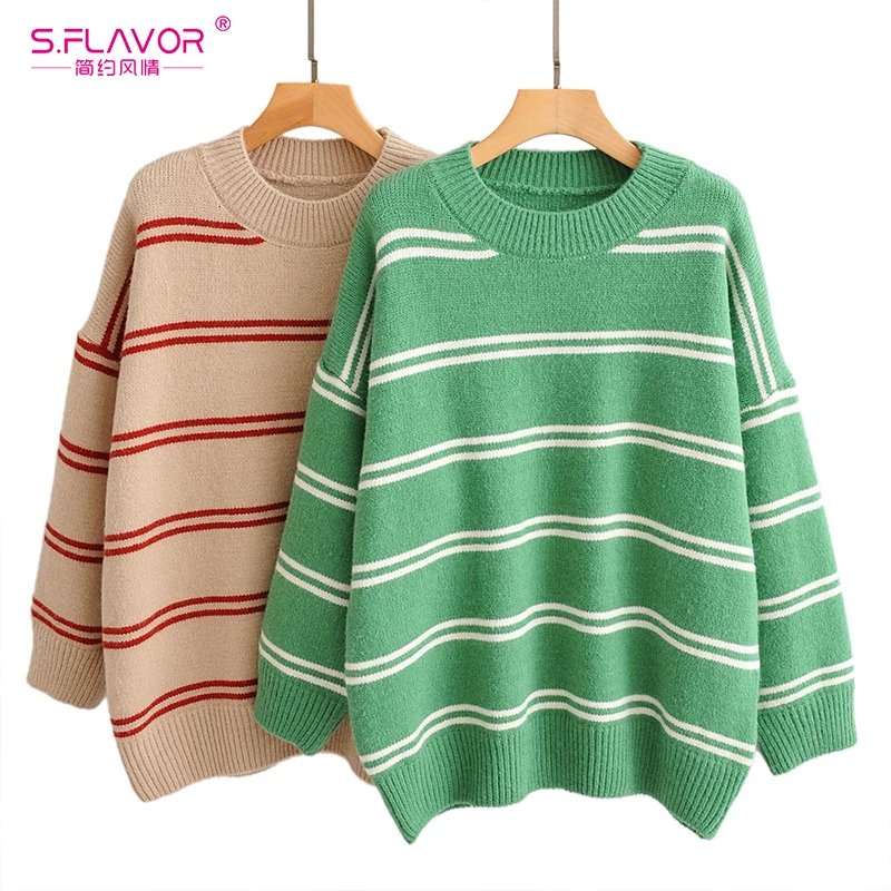 

S.FLAVOR Stripe O Neck Knitted Sweater 2019 Women Casual Loose Pullover sweater Autumn Winter Female Long Sleeve Jumpers