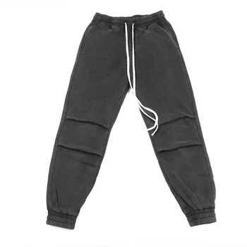 

Hip Hop Loose Distressed Black Fleece Sweatpants Vintage Washed Jogger Pants Elastic Cuffs