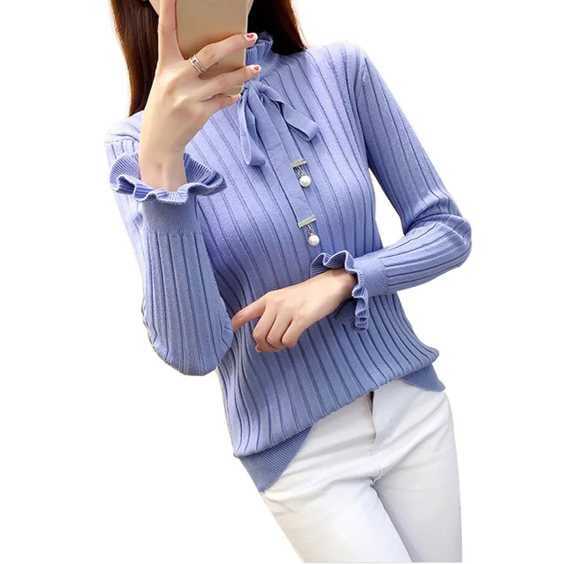 SALSPOR Hedging Knitting Sweater Women Ruffled Collar Lace Up Ladies Sweaters Stripe Flare Sleeve office Clothing Crop | Женская одежда